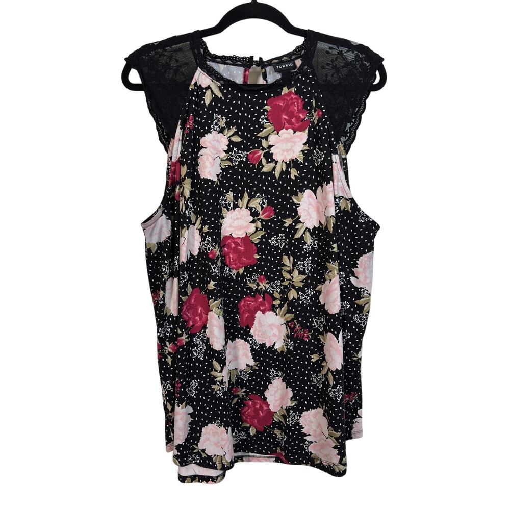 Torrid Tank Top Womens 2X Black Floral Polka Dot Lace Shoulder Keyhole Back